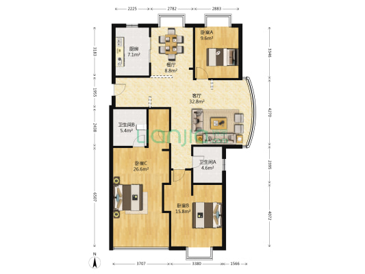 都市阳光 3室2厅2卫 148平方