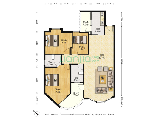 汇星源 3室1厅2卫 143平方