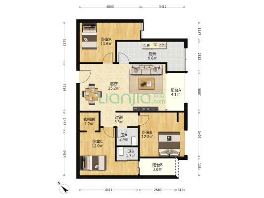 江豪广场 3室1厅2卫 104平方