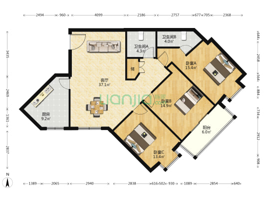 石马大厦 3室1厅2卫 140平方