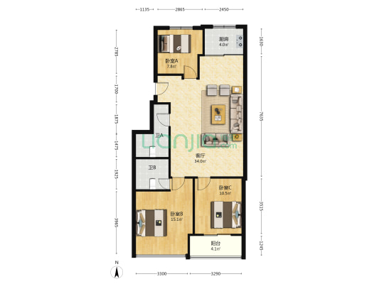 龙洲四街 3室1厅2卫 110平方