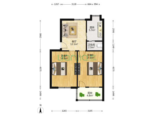 南昌供电局住宅 2室1厅1卫 68平方