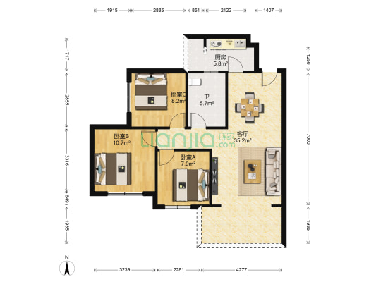 永兴国际公馆A区 3室1厅1卫 77平方