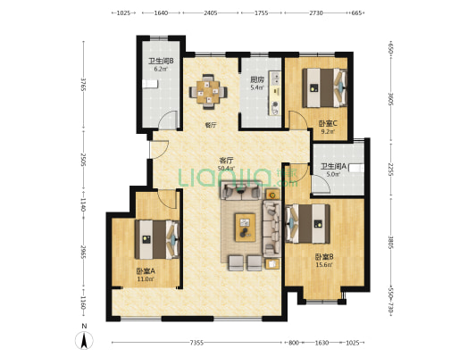 香山名郡 3室1厅2卫 128平方