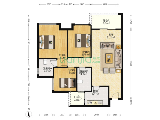 绿地悦蓉公馆 3室1厅2卫 106平方