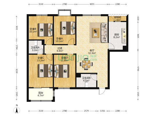 晴园虹锦公寓 4室1厅2卫 141平方