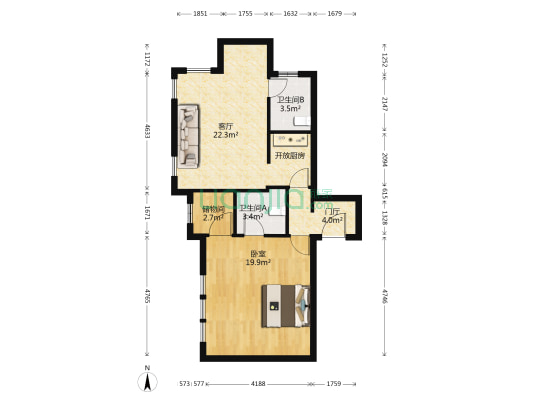 金滩 1室1厅2卫 77平方