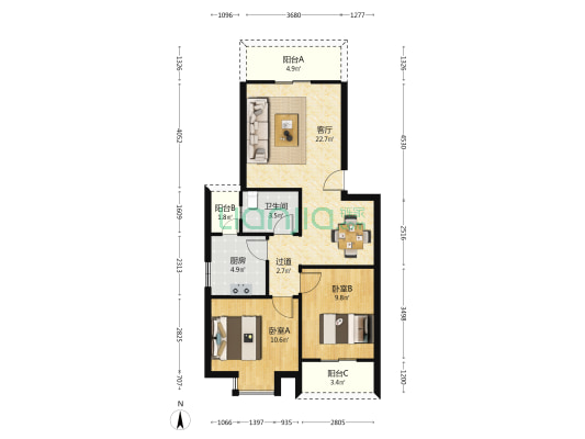 皇经花园A区 2室1厅1卫 73平方