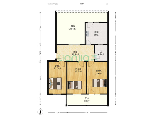 乙字楼宿舍 3室1厅1卫 88平方