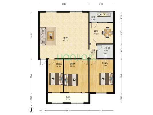 三角地 3室2厅1卫 137平方