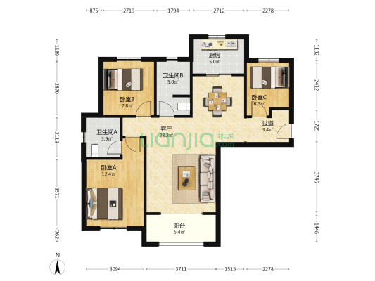 德玛假日三期 3室1厅2卫 105平方