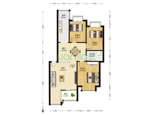 青春家园 3室2厅1卫 104平方