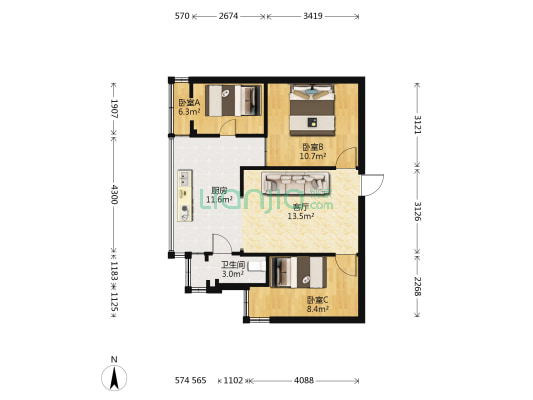 邮政局宿舍 3室1厅1卫 52平方