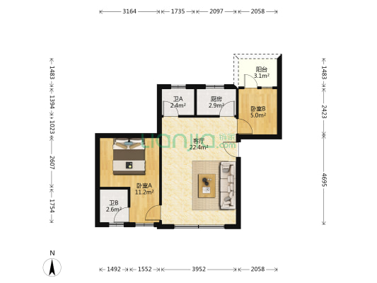 月明轩 2室1厅2卫 62平方