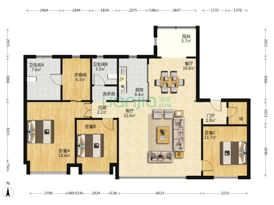 龙湖天曜 3室2厅3卫 169平方