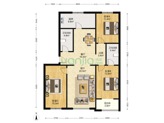 世纪新城 3室2厅2卫 125平方