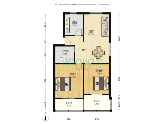 尹江岸小区 2室1厅1卫 80平方
