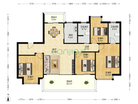 世纪水岸汀岸 4室1厅2卫 145平方
