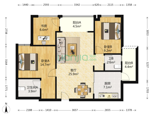 东方华大广场 3室1厅2卫 104平方