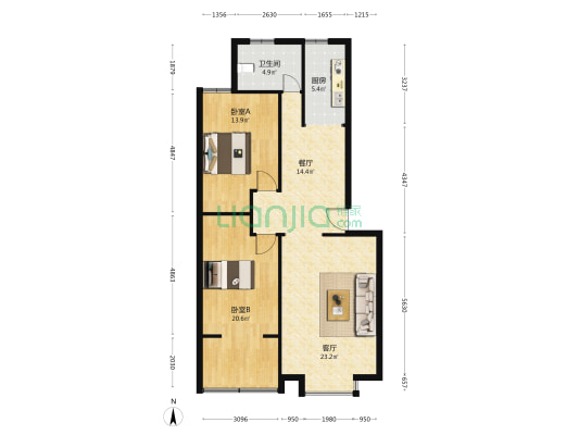 宜家花园 2室2厅1卫 103平方
