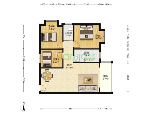 城际家园 3室1厅1卫 85平方