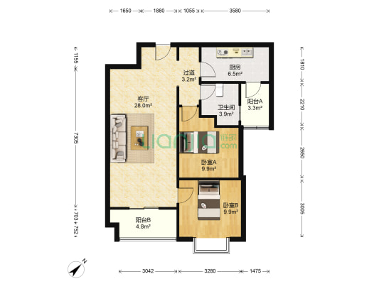 恒大御景湾 2室1厅1卫 95平方
