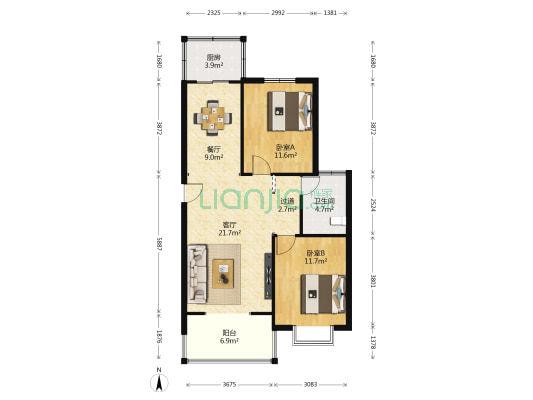 樱花西苑 2室2厅1卫 96平方