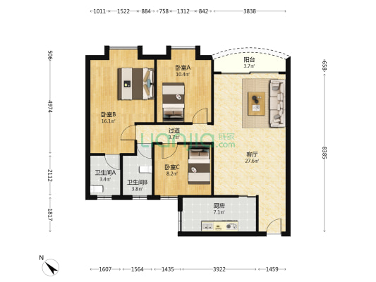 恒基豪庭 3室1厅2卫 106平方