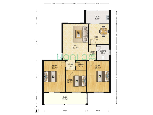 和平南路95号小区 3室2厅1卫 128平方