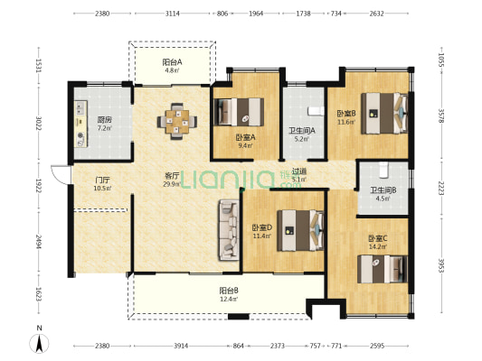 凤凰新城一期 4室1厅2卫 144平方