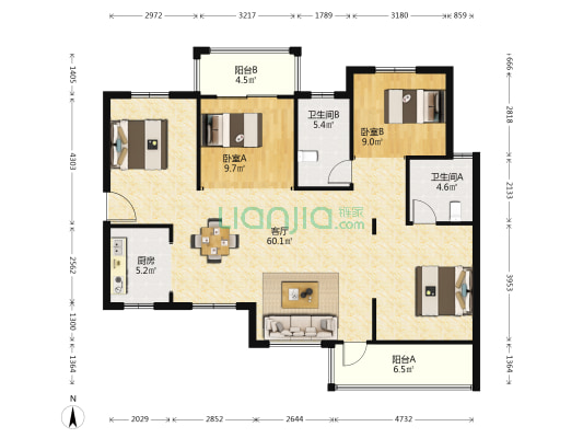 丽发新城三期 2室1厅2卫 131平方