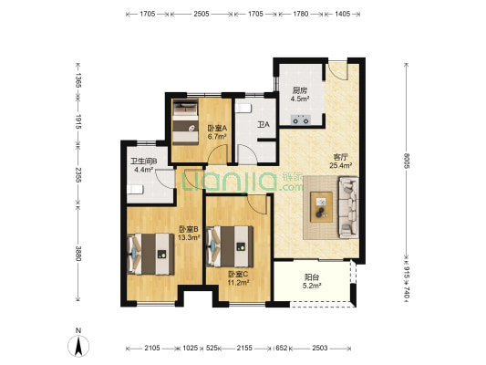 龙沁城 3室1厅2卫 95平方