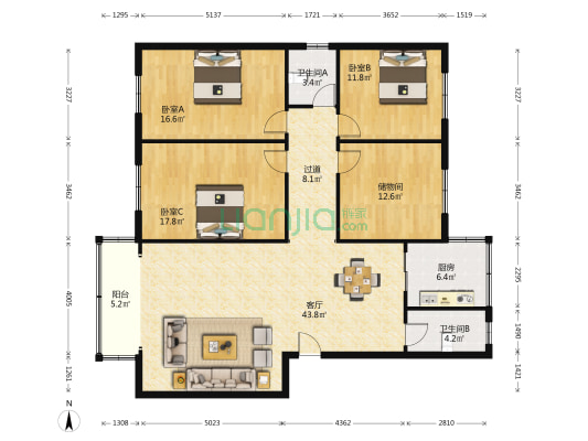 粮食局家属楼 3室1厅2卫 154平方