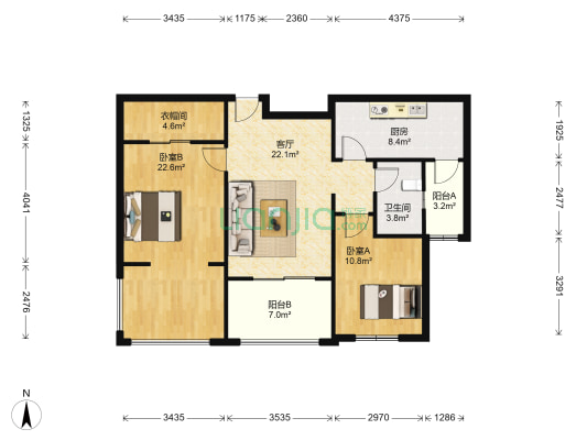 建屋海德公园 2室1厅1卫 88平方