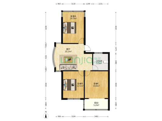 镜海嘉苑 3室1厅1卫 90平方