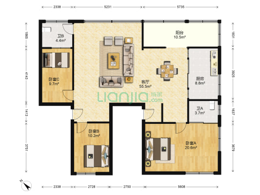 外滩中区 3室1厅2卫 163平方