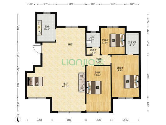 丁香园 3室1厅2卫 168平方