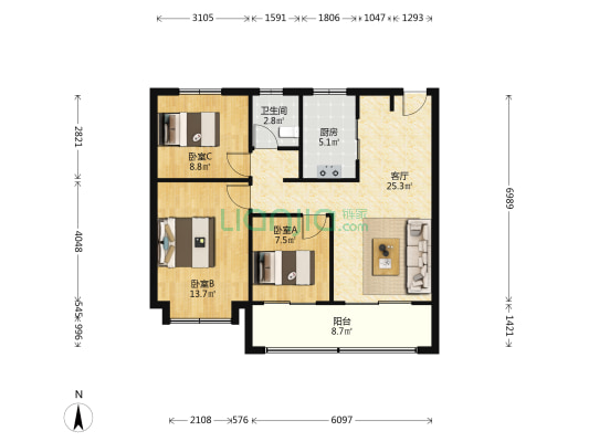 都会四季东区 3室1厅1卫 94平方