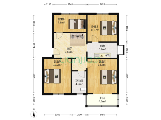 省中医院宿舍 4室1厅1卫 88平方