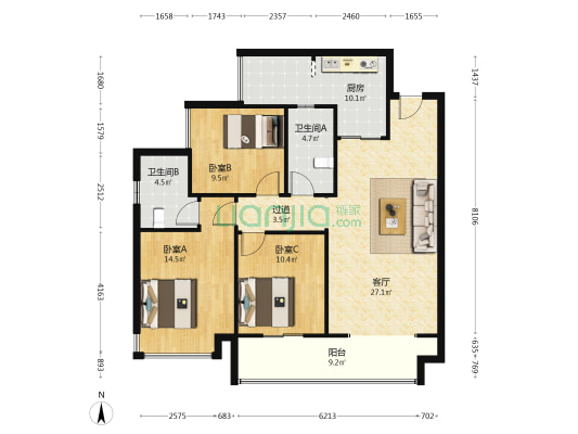 置信丽都府二期 3室1厅2卫 113平方