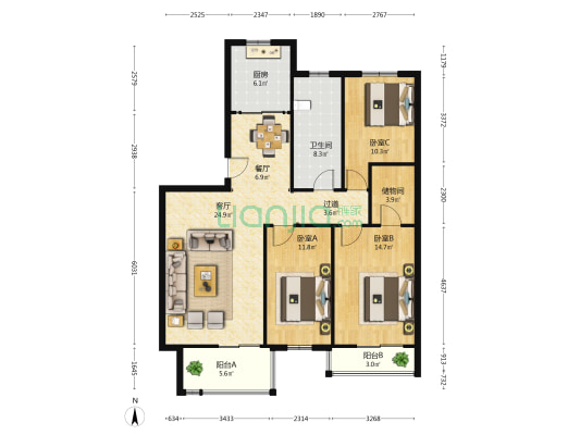 滨泰南苑峻景 3室2厅1卫 116平方