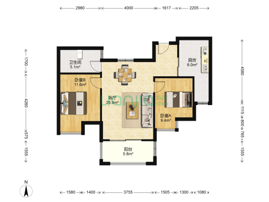 绿地三期西斯莱公馆 2室1厅1卫 86平方