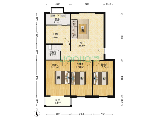明兴小区 3室1厅1卫 110平方