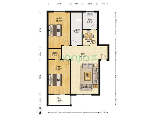 园田路15号院 2室2厅1卫 104平方