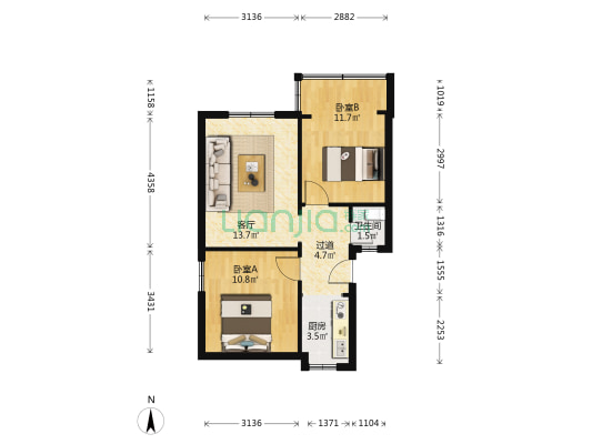 一环路东三段1号 2室1厅1卫 56平方