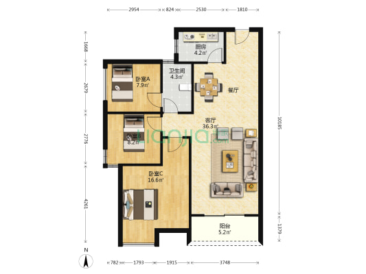 锦顺宸樾府 3室1厅1卫 107平方