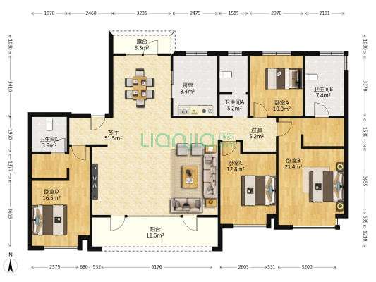 复星国际中心二区 4室1厅3卫 205平方