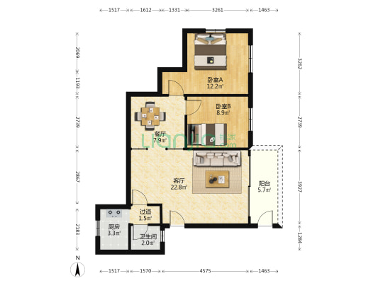日立电梯宿舍 2室2厅1卫 77平方