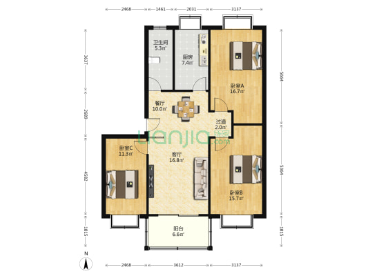 圣樵康居 3室2厅1卫 114平方