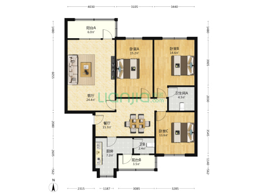 长卫住宅楼宿舍 3室2厅2卫 126平方